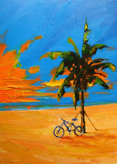 454x634 Buy Art Online Landscape Acrylic Painting Beach Palm Tree Bycicle - Palm Tree Acrylic Painting