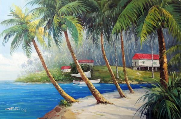 600x397 Island Palm Trees Beach House Sailboat Stretched 24x36 Oil - Palm Tree Beach Painting