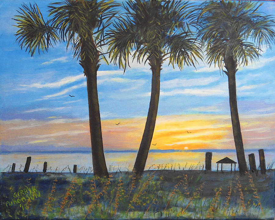 900x721 Palm Tree Beach Sunset Painting By Gerry Furgason - Palm Tree Beach Painting
