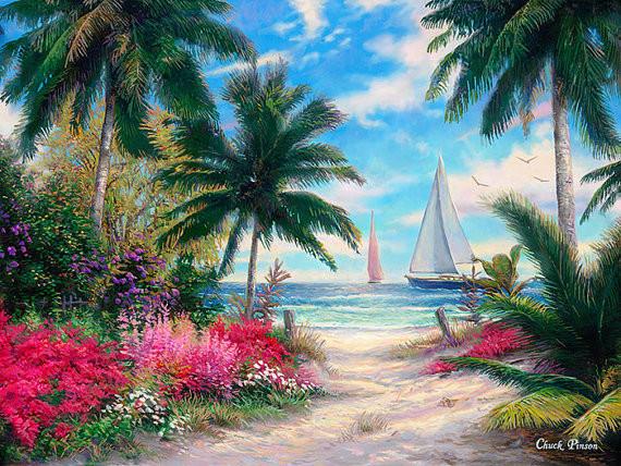 570x428 Palm Tree Painting, Beach Tropical Canvas Art, Large Paradise - Palm Tree Beach Painting