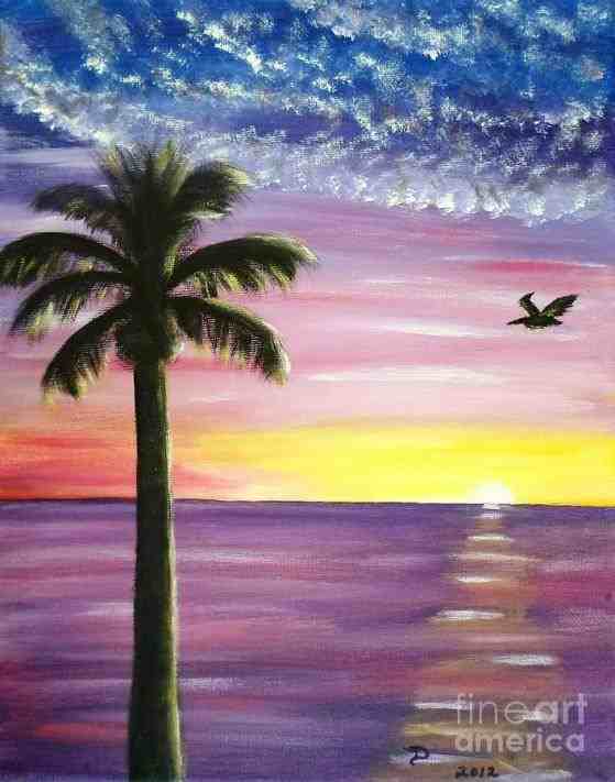 559x711 Beach Sunset With Palm Trees Drawing - Palm Tree Beach Painting
