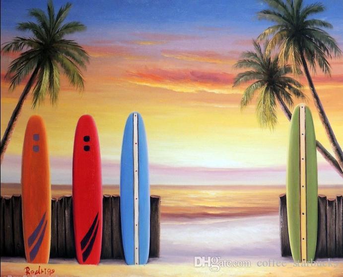 691x557 2018 Framed Surfboard Coral Beach Sunset Art Palm Trees Waves,pure - Palm Tree Beach Painting