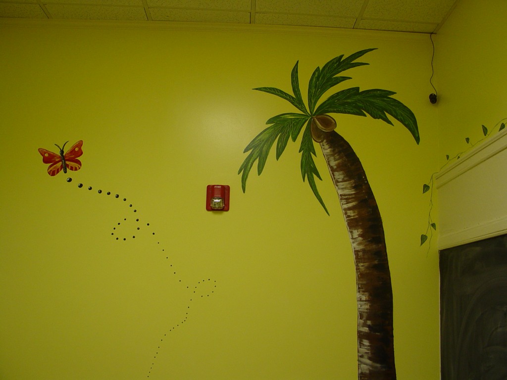 1024x768 Royal Palm Tree Amp Butterfly Mural With Ivy Accent - Palm Tree Leaves Painting