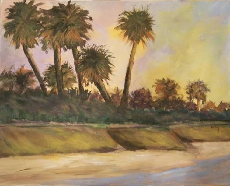 756x611 Highwaymen Art Style Landscape Serene Beach Palm Trees Original - Palm Tree Oil Painting