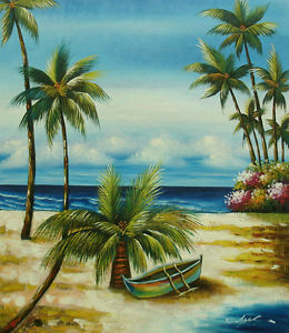 260x300 Oil Painting Of Beach Scene Rowboat Palm Trees By Sea Beautiful - Palm Tree Oil Painting