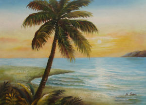 300x217 Oil Painting Of Beautiful Sunset Seascape With A Palm Tree - Palm Tree Oil Painting