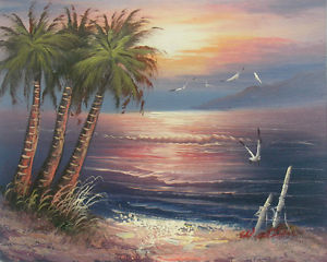 300x240 Oil Painting Of Seascape Palm Trees By Sea With Seagull In Sunset - Palm Tree Oil Painting