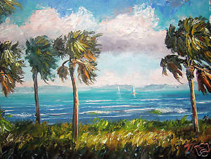 300x226 Seascape Original Oil Painting Palm Trees Palette Knife Genuine - Palm Tree Oil Painting