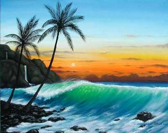 578x458 Hawaii Beach, Seashore Painting, Palm Tree, Big Wave, Canvas Art - Palm Tree Painting On Canvas