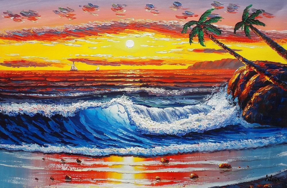 1000x654 Palm Tree Painting, Big Wave Canvas Painting, Large Acrylic - Palm Tree Painting On Canvas