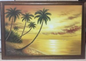 300x215 Lg Tropical Island Sunset Palm Tree Seascape Impressionist - Palm Tree Sunset Painting