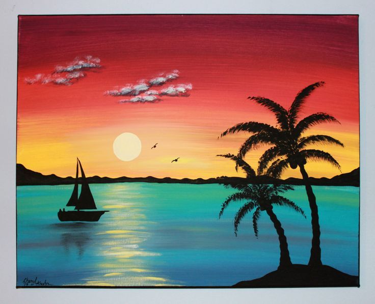 736x597 Original Acrylic Painting Canvas Paradise Picturesquefolkart - Palm Tree Sunset Painting