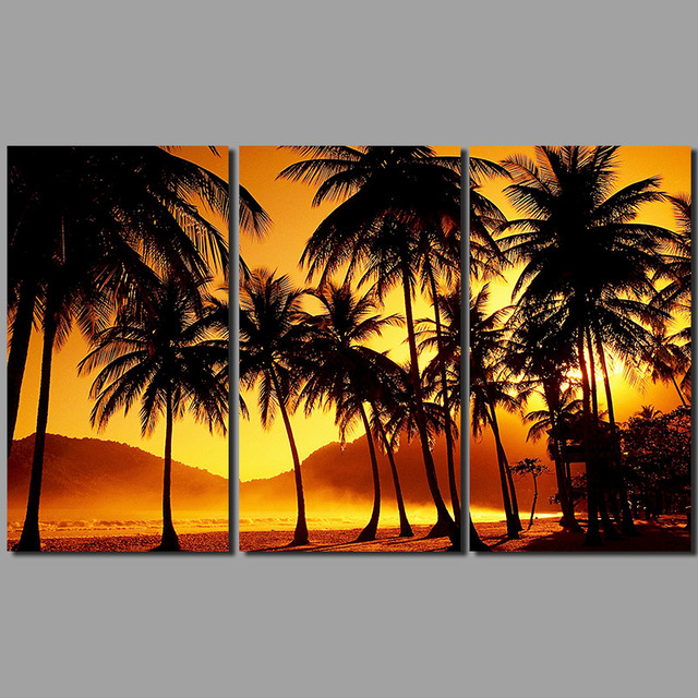 640x640 3pcs Gold Sunset Decoration Coconut Tree Wall Art Picture - Palm Tree Sunset Painting