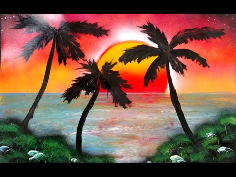 480x360 Spray Paint Art Live Tutorial Sunset And Palm Trees - Palm Tree Sunset Painting