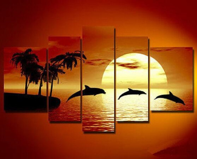 640x517 5 Panel Painting Bedroom Abstract Modern Seascape Acrylic - Palm Tree Sunset Painting