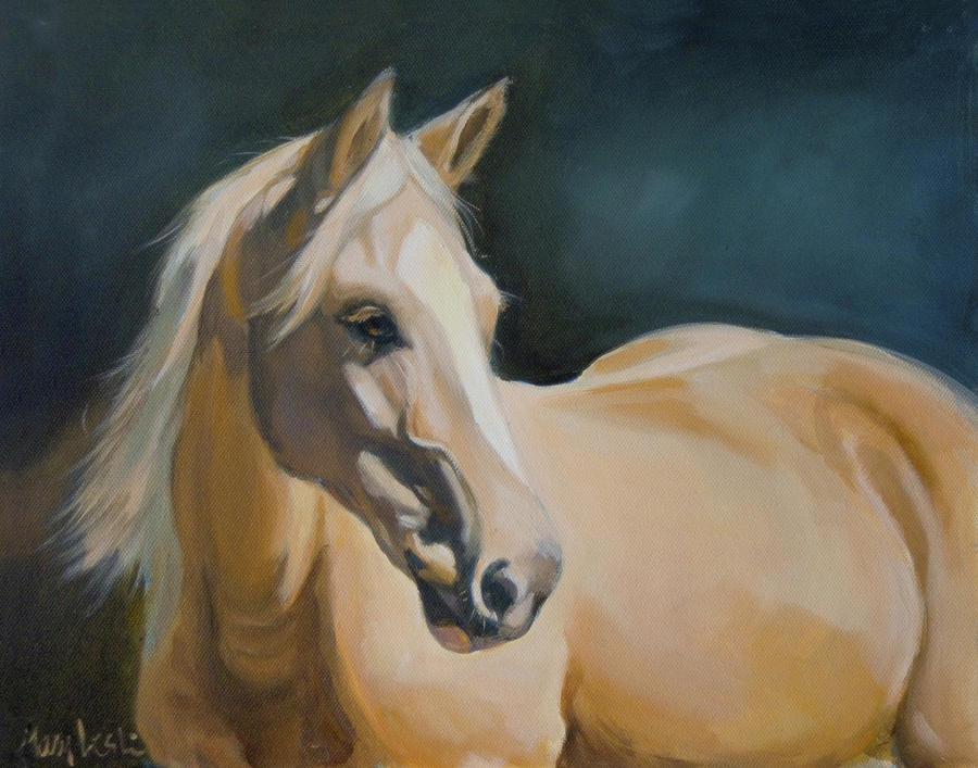 900x707 Palomino On Blue Painting By Mary Leslie - Palomino Painting
