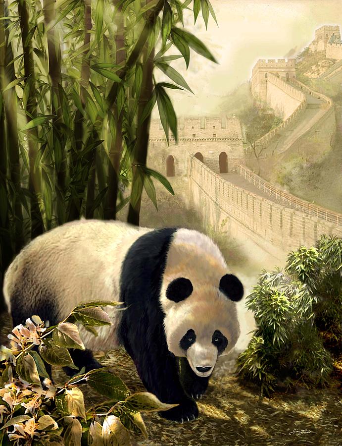 691x900 The Panda Bear And The Great Wall Of China Painting By Regina Femrite - Panda Bear Painting