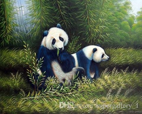 480x384 Best Framed Panda Bear Couple Eating Bamboo Shoots In Forest - Panda Bear Painting