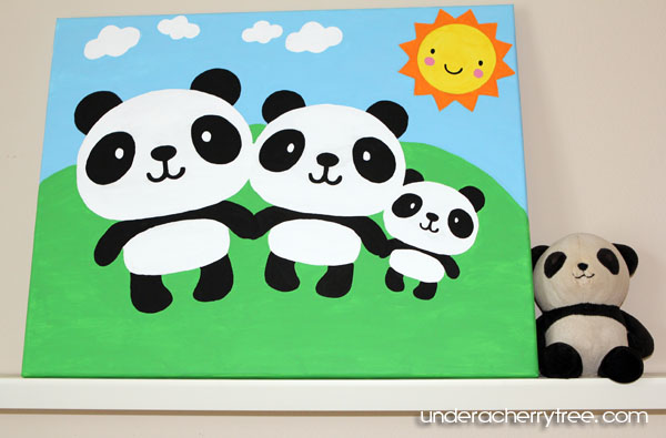 600x395 Under A Cherry Tree Panda Family - Panda Canvas Painting