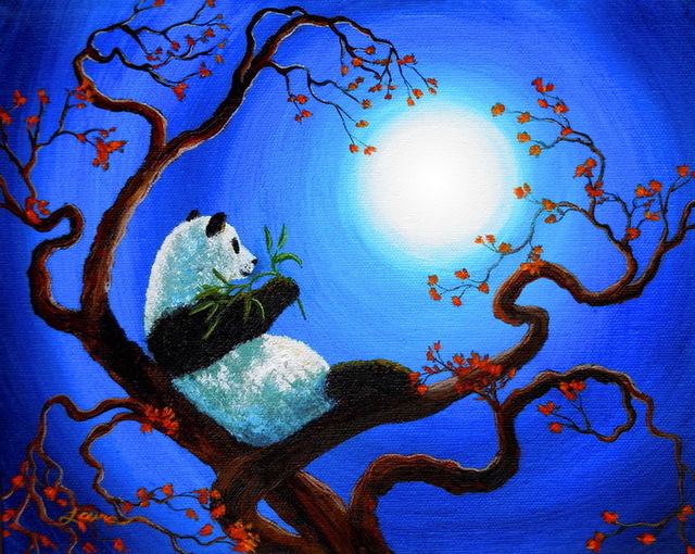 640x510 Modern Handmade Painting Panda Under Moonlight On Oil Painting - Panda Oil Painting