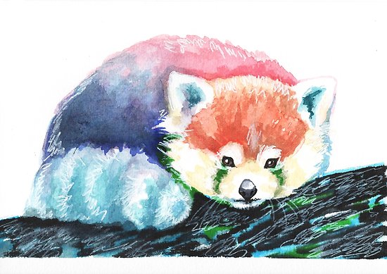 550x389 Rainbow Red Panda, Watercolor Painting Posters By Fugitiverabbit - Panda Watercolor Painting