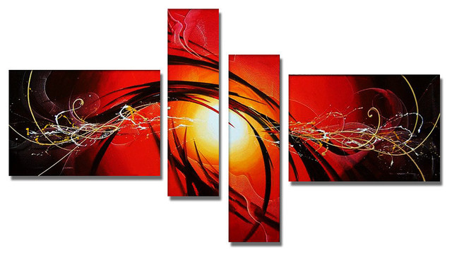 640x362 Orange Abstract Hand Painted Oil Painting, 4 Panel, 63x36 - Panel Painting