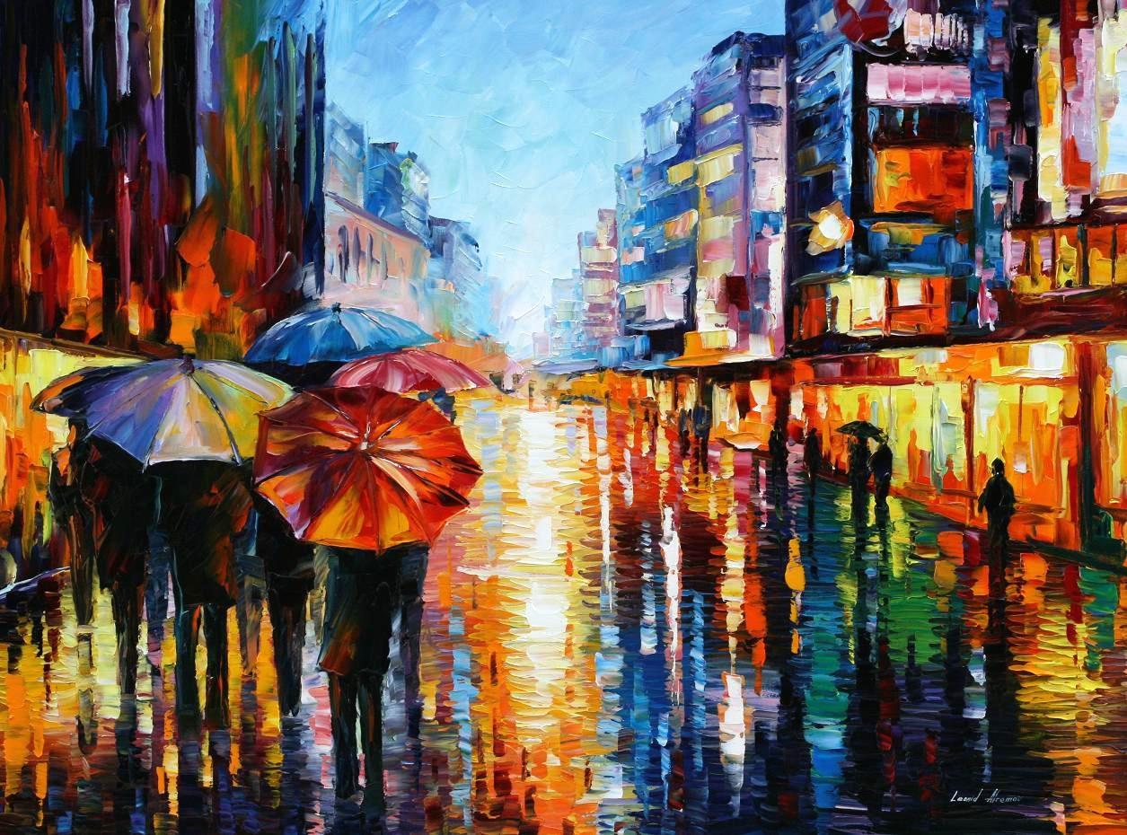 1255x930 Night Umbrellas Palette Knife Oil Painting On Canvas By Leonid - Panoramic Painting
