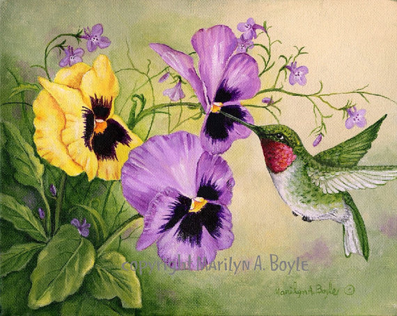 570x455 Original Acrylic Painting Art Flowers Pansies By Originalsandmore - Pansy Flower Painting