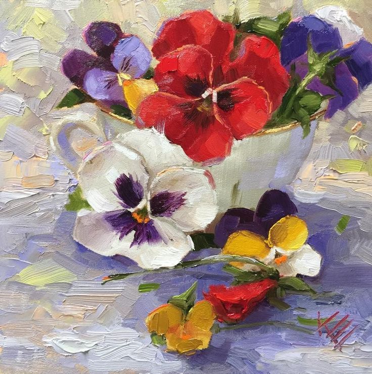 736x740 Colorful Cup Of Pansy Flower Painting With A Palette Knife. So - Pansy Flower Painting