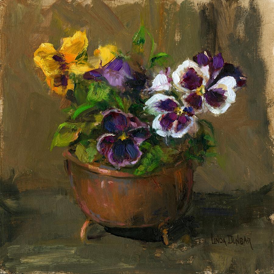 900x900 Pansies In Copper Pot Painting By Linda Dunbar - Pansy Painting