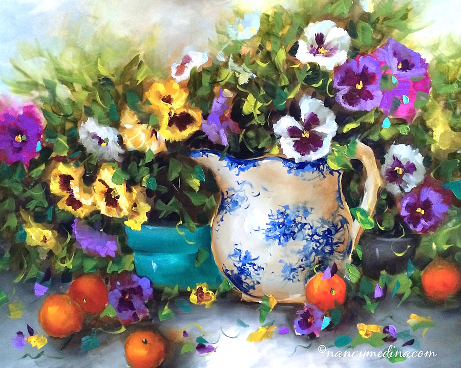 900x719 Pansy Panoply Painting By Nancy Medina - Pansy Painting