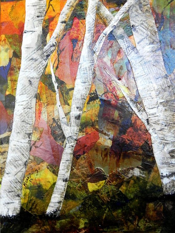 570x760 Original Fall Birch Trees Torn Paper Collage, Original Birch Tree - Paper Collage Painting