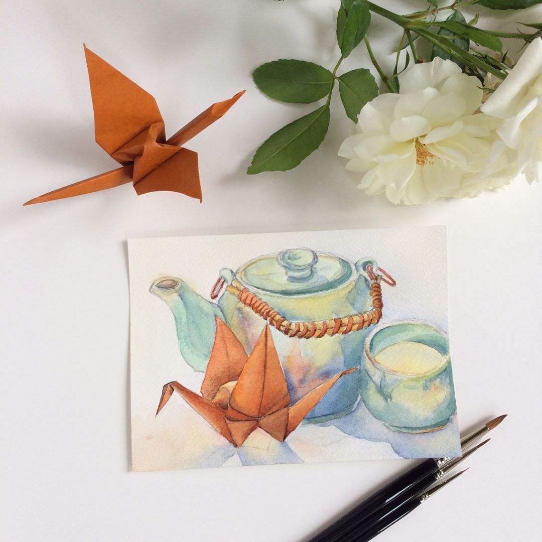 1080x1080 Green Tea For One (Paper Crane Painting - Paper Crane Painting