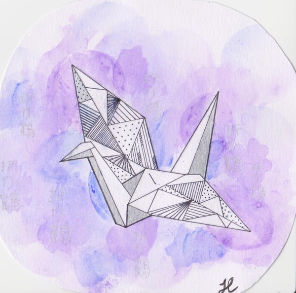 600x594 Origami Crane Painting Pink + Purple Watercolour2 By - Paper Crane Painting