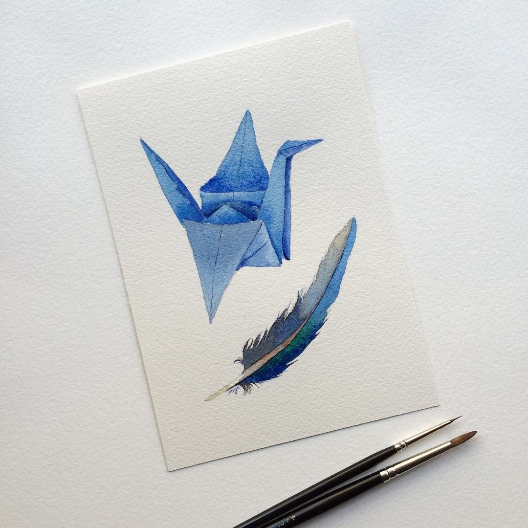 1080x1080 Origami Crane Painting No. 4 Blue Crane Amp Feather By Zoya - Paper Crane Painting