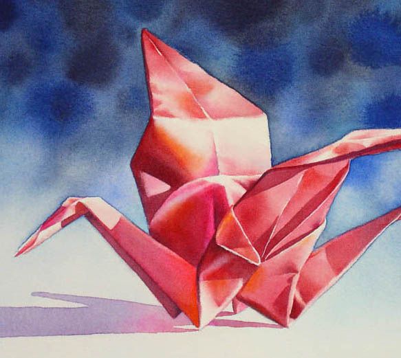 583x521 Flight Of Fancy Origami Crane Still Life Watercolor Painting - Paper Crane Painting
