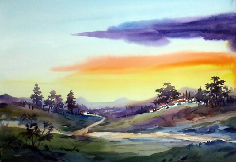 770x528 Saatchi Art Sunset Himalaya Mountain Village Watercolor On Paper - Paper Painting