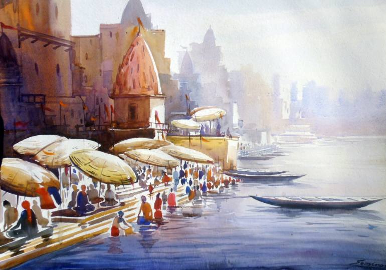 770x539 Saatchi Art Varanasi Ghat - Paper Painting
