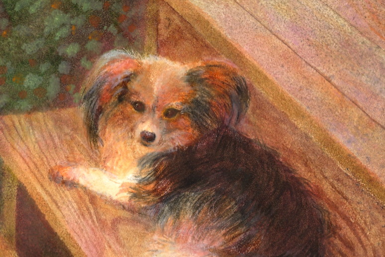 774x517 Four Papillon Dog Framed Oil Paintings, Tin Watering Can, Girl - Papillon Painting