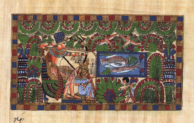 669x425 Egyptian Papyrus Painting King Tut And His Wife Hunting 7x9 + - Papyrus Painting