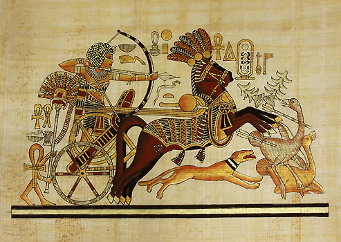 493x350 King Tutankhamon Hunting Ostriches 12x16 Papyrus Painting - Papyrus Painting