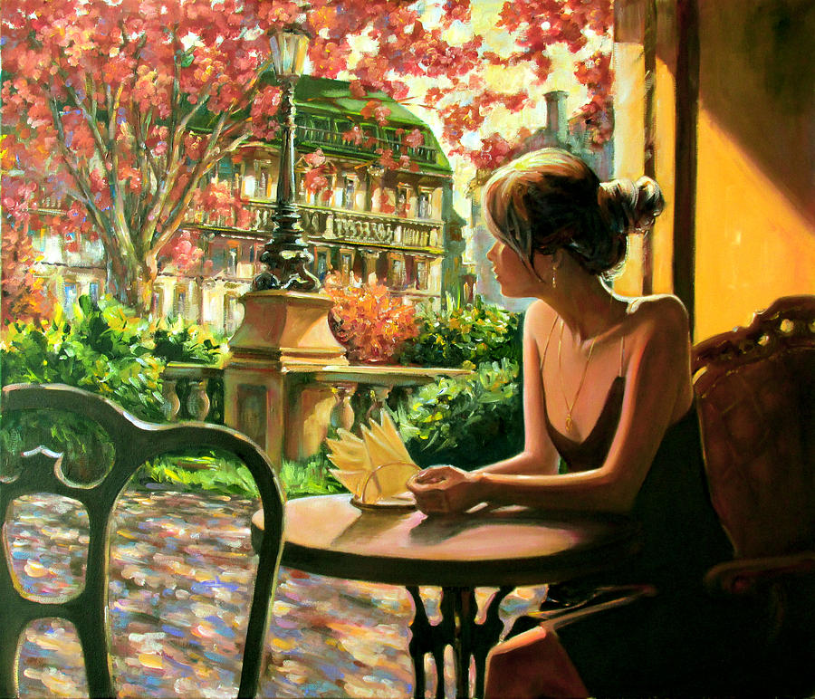 900x772 Spring, View From A Cafe Window In Paris Painting By Roman Fedosenko - Paris Cafe Painting