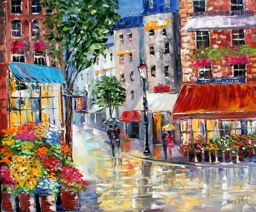 500x414 Painting Paris Rain Flower Market (Original Art By Karen'S - Paris In The Rain Painting