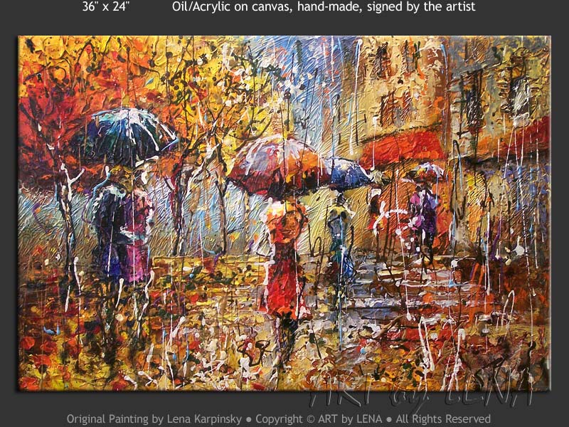 800x600 Paris Street Scene Rain Art By Lena - Paris In The Rain Painting