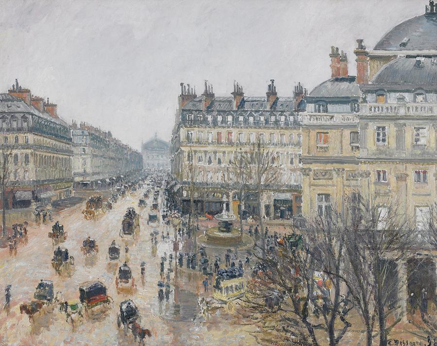 900x713 Place Du Theatre Francais Paris Rain Painting By Camille Pissarro - Paris In The Rain Painting