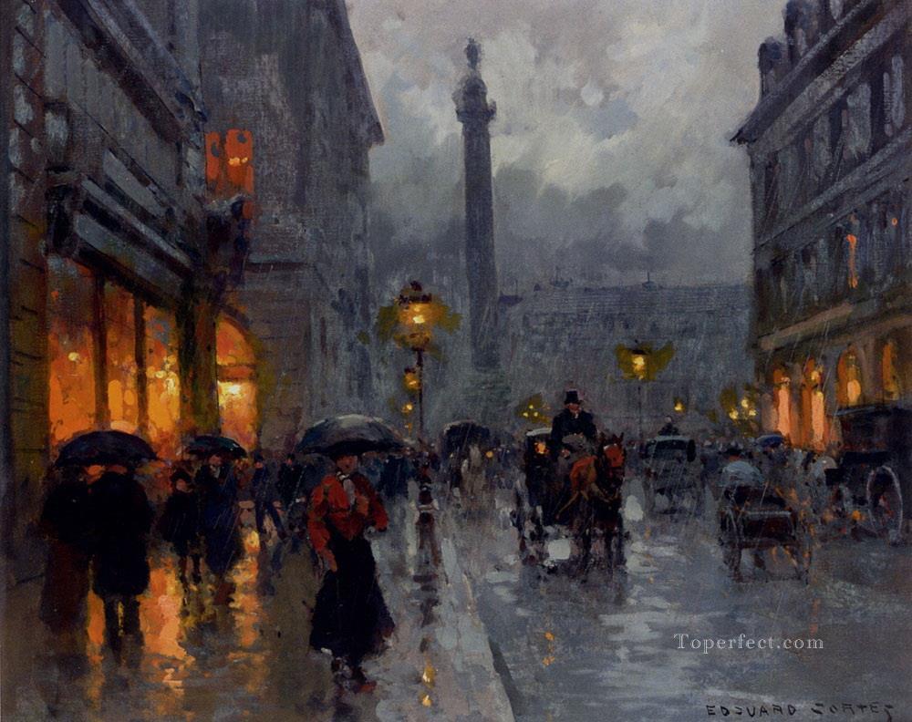 1000x792 Edouard Cortes Place Vendome In Rain Paris Landscape Painting - Paris In The Rain Painting