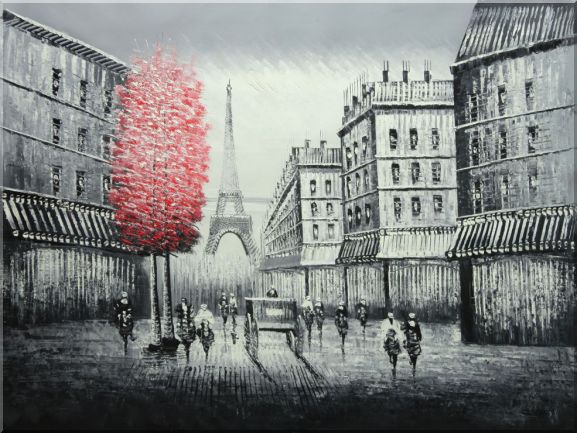 577x433 Paris Street To Eiffel Tower Black And White Oil Painting - Paris Painting Black And White