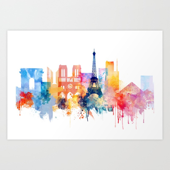 550x550 Paris Watercolor Skyline Art Print By Dimdom Society6 - Paris Skyline Painting