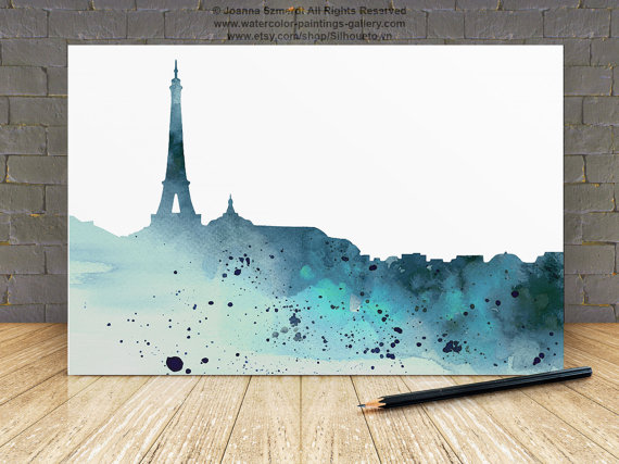 570x427 Teal Watercolor Painting Paris City Skyline Custom Silhouette - Paris Skyline Painting