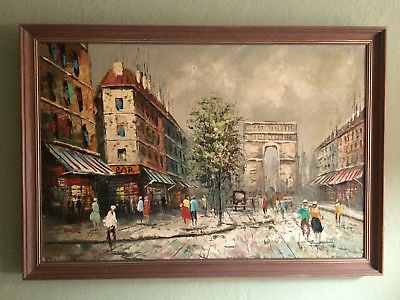 400x300 Large Vintage Framed Original Oil Painting France Paris Street - Paris Street Oil Painting